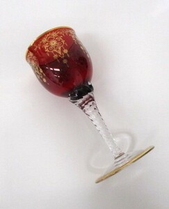 【2-113】ガラス工芸　ヴェネチアングラス ワイングラス　金彩　赤　レッド