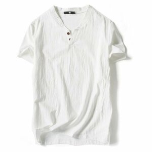 新入荷お洒落 綿麻 Tシャツ 半袖 Tシャツ メンズ Tシャツ Vネック カジュアルTシャツ 男性上着 夏服 トップス ZCL1119