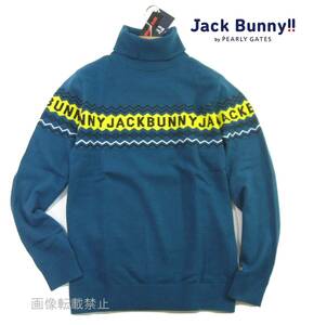 新品 ジャックバニー/パーリーゲイツ　ジャガードロゴ タートルネック ニット　5/L　ターコイズ ハイネック 「Warm Knit」 Jack Bunny!!