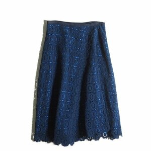 M4487f15　▼Drawer ドゥロワー▼　lining silk embroidered flower lace flared skirt 総レース フレアスカート ネイビー 38 / 紺 春～秋