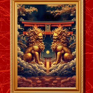 『家に結界を張り厄災を払う黄金の獅子神（シーサー）』額縁付きスピリチュアルアート