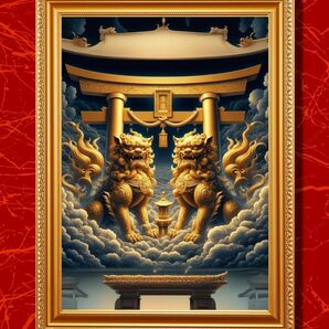 『家に結界を張り厄災を払う黄金の獅子神（シーサー）』額縁付きスピリチュアルアート
