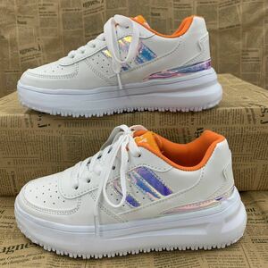  new goods lady's 24.0cm fake leather shoes coat sneakers water-repellent thickness bottom sneakers dado sneakers white × Rainbow osw3411