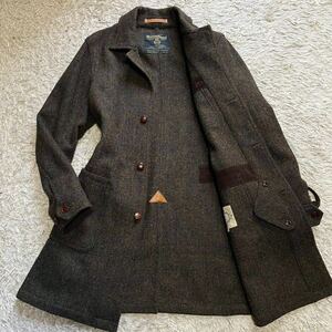 S級美品◎ ハリスツイード【100周年記念モデル】BEAMS × Harris Tweed ステンカラーコート Mサイズ ヘリンボーン レザー ロング丈 カーキ