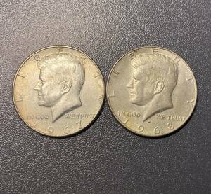 アメリカ　ケネディー　ハーフダラー銀貨2枚まとめ　1967～1968年　コイン　硬貨　古銭　美品　レア　