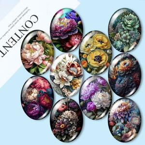 【10個セット】ガラスカボション　18×25mm　花　ボタニカル　楕円　ハンドメイド　素材