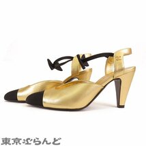 101712052 シャネル CHANEL アンクルストラップ サンダル G36360 ゴールドxブラック レザー グログラン リボン 36 パンプス レディース_画像2