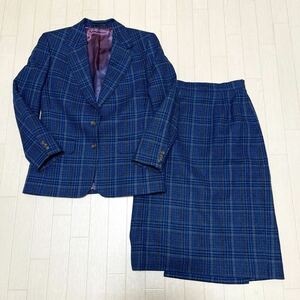 和217★① Aquascutum アクアスキュータム セットアップ テーラードジャケット スカート チェック イングランド製 レディース ブルー