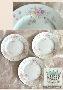 HALSEY FINE CHINA 3枚セット 銀彩 花柄 16.5cmプレート ケーキ皿 レトロ /K-12