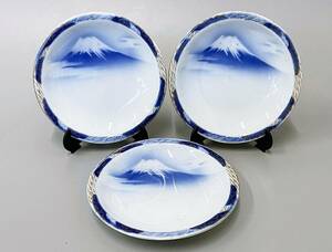 宮内庁御用達 深川製磁 丸皿3枚セット 富士山 青富士 小皿 丸皿 取皿 平皿 食器 和食器 金彩 陶磁器 陶器 飾り皿