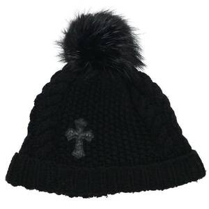 クロムハーツ Chrome Hearts BEANIE CASH/レザーパッチビーニー サイズ:ONE SIZE レザークロスパッチボンボン付カシミヤ帽子 中古 NO05