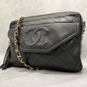 1円〜　美品　CHANEL シャネル　ラムスキン　チェーンショルダー　　フリンジ　バッグ　ゴールド金具　シリアルシール　ブラック系