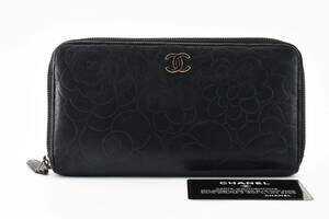 1円〜 美品 CHANEL シャネル カメリア 長財布 ラウンドジップ ラウンドファスナー ギャランティカード付き ブラック レディース