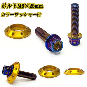 M6 25mm P1.0 フランジ付六角ボルト カラーワッシャー フジツボ 座面枠付 20mm ナンバー フェンダー 車 バイク 焼きチタン×ゴールド