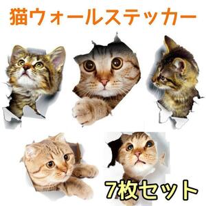 【新品】猫 ウォールステッカー 全7種類　7枚セット 3D　シール インテリア 可愛い　ねこ　壁　扉　トイレ　車　送料無料