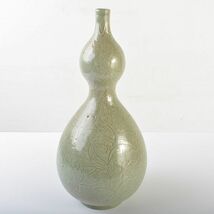 朝鮮美術　李朝　高麗青磁印刻花文　瓢箪瓶　高さ約37cm　古玩　OJWB_画像4