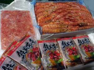 数量限定海鮮セット　北海道産ボイル本ズワイ剥き身500g　漬けマグ:ロ鉄火丼60g×5個　赤エビ2kg約60～80本入り