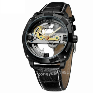 男性高級腕時計 43mm 機械式自動巻 スケルトンデザイン トゥールビヨン 本革ベルト シンプル メンズウォッチ 紳士