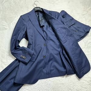 【美品/人気カラー】Salvatore Ferragamo サルヴァトーレフェラガモ スーツ セットアップ 上下 ストライプ モヘヤ混 紺 ネイビー 48(L)