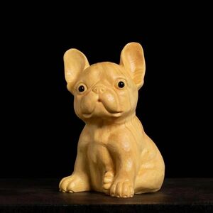 可愛いワンチャン　犬の木彫り 彫刻工芸品 精密細工 細密彫刻 置物 開運 工芸品 黄楊木　柘植木材