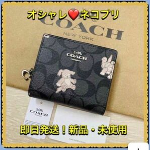 【新品未使用】 COACH 二つ折り財布　シグネチャー　犬　チャコール