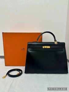 【HERMES】エルメス 2way ハンドバッグ ショルダー ケリー35 〇U刻印 ボックスカーフ レザー ブラック ゴールド金具　ショルダー紐付 RA-11