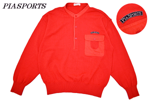 Y-7121★PIA SPORTS ピアスポーツ ライカ★メンズ男性 日本製 レッド赤色 ハーフボタン スタンドカラー ウール ニット セーター Ｌ