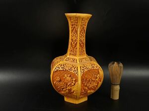 【福蔵】花瓶 堆朱 六面取り 四季花紋 唐物 古董品 古玩 古美術 高25.3cm