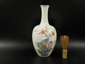 【福蔵】色鍋島 花瓶 色絵 花鳥紋 秀峰作 有田焼 美品 高26cm