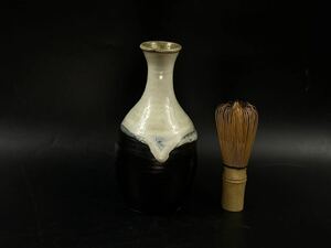 【福蔵】李朝 花瓶 徳利 黒白釉 粉引 骨董 古玩 古美術 高17cm