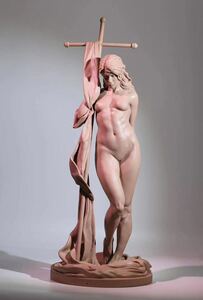 【福蔵】超超超特大型 西洋美術 置物 十字架持ち女性 美人 裸婦 ヌード 樹脂製 少女 女神 女性 高61cm