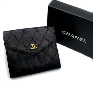 CHANEL シャネル ビコローレ ラムスキン Wホック ブラック 折り財布