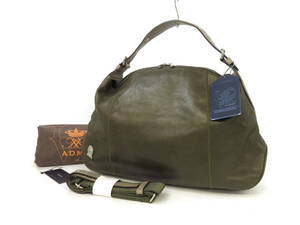 15525 美品 ADMJ エーディーエムジェイ ベルト風ショルダー S金具 ジップ レザー 2WAY トートバッグ 肩掛け 鞄 ネームタグ 保存袋付 緑系