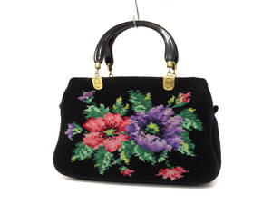 15669 美品 FEILER フェイラー ロゴ ゴールド金具 花柄 フラワー シュニール織 コットン ハンドバッグ 手持ち 鞄 黒 ブラック レディース