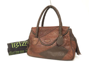 15304 美品 IBIZA イビサ タッセル ツギハギ パッチワーク ハンドバッグ ミニ バッグ 手持ち カバン 本革 レザー 茶 ブラウン レディース