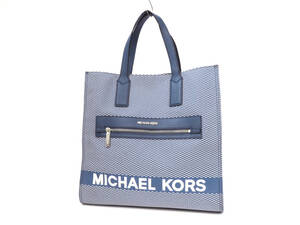 15196 美品 MICHAEL KORS マイケルコース KENLY NS ラージ ロゴ 総柄 ジャガード キャンバス×レザー トートバッグ ハンドバッグ カバン 青