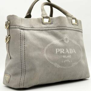 ●高級●PRADA プラダ トートバッグ ハンドバッグ 鞄 かばん 三角ロゴ プレート カナパ レディース キャンバス ゴールド金具 グレー 