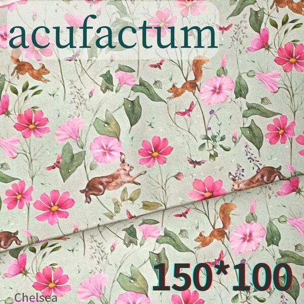 150×100　ドイツ輸入生地　acufactum　コットンフィールド／ 綿100%　ウサギ　花柄 ピンク　アクファクトゥム　1ｍ