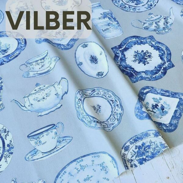 140×100cm　スペイン輸入生地　VILBER オックス　陶器柄　ブルー　綿100%　コットン　1ｍ
