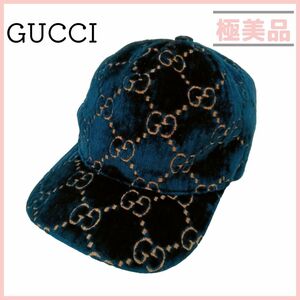 グッチ 481757 ベロア ベルベット GG ベースボールキャップ M ネイビー 男女兼用 GUCCI ブルー メンズ