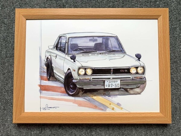 ■BOW。池田和弘『Nissan Skyline 2000GT-R』B5サイズ 額入り 貴重イラスト 印刷物 ポスター風デザイン 額装品 アートフレーム 旧車