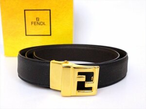 美品☆FENDI【フェンディ】Fロゴバックル レザーベルト☆ブラック×ゴールド金具☆箱付き☆スーツ☆フォーマル☆メンズ☆