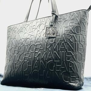 《美品》A4可 ARMANI アルマーニ メンズ ビジネス エンボスロゴ トートバッグ チャーム ブラック 肩掛け