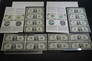 (354)希少!外国貨幣 アメリカドル紙幣 連刷４枚未裁断シート 1ドル2ドル未使用カット前 製版印刷局解説付き 合計20ドル 状態良好外貨米ドル