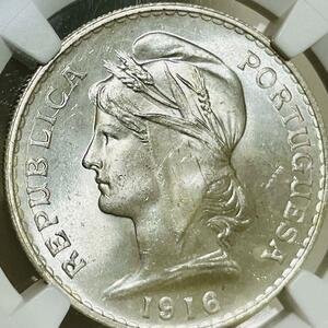 【レア 美品】1916 ポルトガル 50センターボ銀貨 NGC MS64 リバティヘッド 自由の女神 国章 portugal liberty head アンティークコイン