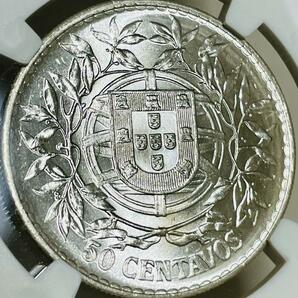 【レア 美品】1916 ポルトガル 50センターボ銀貨 NGC MS64 リバティヘッド 自由の女神 国章 portugal liberty head アンティークコインの画像3