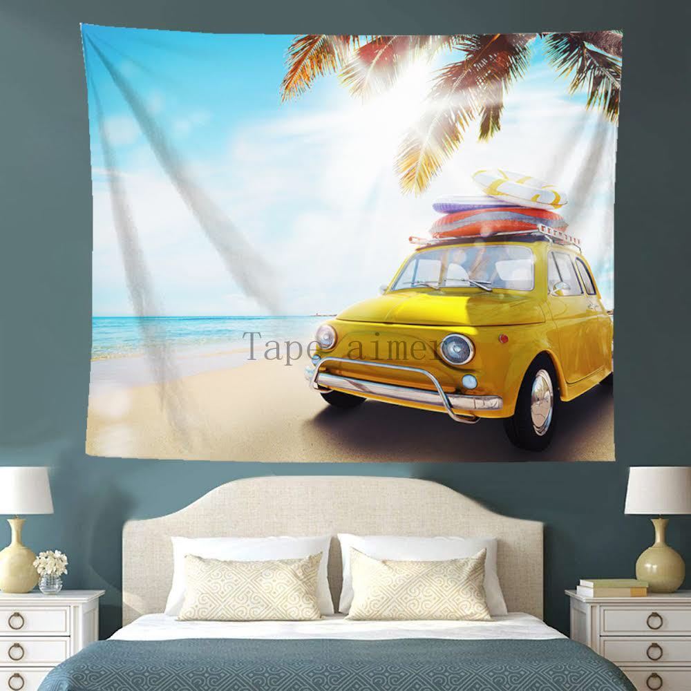 Tapestry yellow car with metal fittings beach palm tree makeover C15, handmade works, interior, miscellaneous goods, panel, tapestry