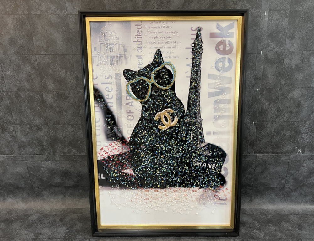 New, Free Shipping, CRYSTAL ART, Homage Art Present, Gift, Housewarming, Art Panel to Add Luxury to Your Space, French Cat, Artwork, Painting, acrylic, Gash