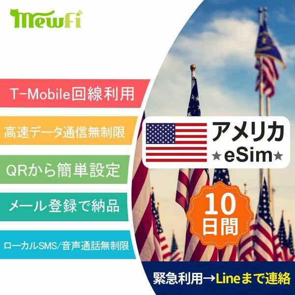 アメリカeSim ハワイeSim 10日間 高速データ通信無制限使い放題 アメリカsim 現地無料通話 SMS使い放題