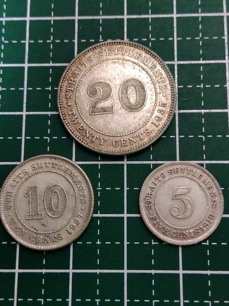 イギリス領マレーシア　20セント　1935年　10セント　1927年　5セント　1919年　ジョージ5世　3個セット